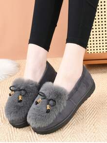 New Women Fashion Personalized Fluffy Warm Minimalist Solid Color Indoor Outdoor Travel Vacation Home Slippers, Thick Plush Slip-On Cozy Soft Bottom Casual Outdoor Wear Shoes For Winter - Grey - View 6