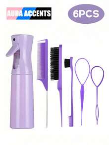 7pcs/6pcs/5pcs/4pcs/2pcs/1pc Square Comb Spray Bottle Set, Cartoon Iron Tower Printing Anti-Static Plastic Comb, Portable Pattern Hair Pulling Needle, High-Pressure Atomization Spray Bottle, Suitable For Girls, Ordinary Hair, Durable ABS Handle, Lovely Square Design, Hairdressing Tool Set ,Hair Styling Tools ,Hair Styling Kit