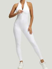 Women Tight Zipper Front Jumpsuit With Backless & Peach Butt Designs, Yoga & Fitness - White - View 4