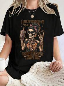 Plus Size Women's T-Shirt Women's Skull With Sunglasses And Drink I Fully Intend To Haunt People When I Die I Have A List Halloween Party Top 220g