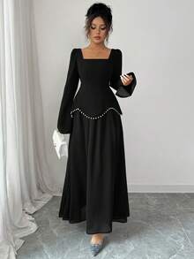 Vestido largo elegante para mujer de LilyHouse, vestido de noche romántico para fiesta de vacaciones con decoración de perlas, vestido de manga larga ajustado de cuello cuadrado, adecuado para vestido de fiesta elegante, boda, Día de San Valentín - Negro - Ver 6