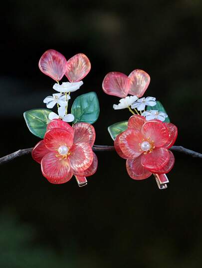 479/2000 1pc/2pcs Japanese & Korean Vintage New Chinese Style Red Lotus Flower Metal Hair Comb, 10cm Long, Crystal-Like Light Pink, Popular With Netizens, Suitable For Spring, Summer, Autumn, Winter, Non-Damaging To Hair And Scalp, Fashionable Minimalist Faux Pearl Decorated Hair Clip, Claw Clip, Hair Pin, Hair Clip
