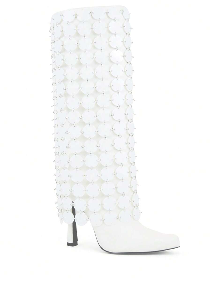 Bota de punta puntiaguda con lentejuelas de estilo disco "So Me Infernom", bota alta, lisa, con contraste de malla, para fiesta, otoño/invierno - Blanco - Ver 1