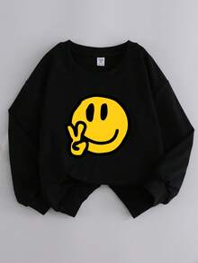 Tween男孩時尚街頭風格印花圓領運動衫,適用於秋冬休閒穿著