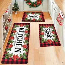 1/2/3 Stücke verstärkte 0.47 Inch/1.2cm Weihnachts-Küchen-Teppiche und -Matten - Rot karierte Weihnachts-Teppiche und -Matten rutschfest waschbar, Fußmatte mit geringer Profil für Feiertage, Weihnachtsdekoration für Zuhause, Heim süßes Heim