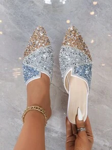 女士时尚水钻和珍珠装饰一脚蹬穆勒鞋，尖头，舒适休闲平底拖鞋，加大码 - 彩色 - 查看 13