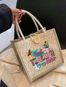 1 pezzo "Miglior insegnante" Borsa a tracolla in lino con stampa floreale, borsa riutilizzabile con stampa per donne, borsa a doppia maniglia per libri e shopping, borsa a spalla di grande capacità, borsa casual, borsa per il Natale, adatta per pendolarismo, scuola, shopping, attività all'aperto, regalo per amici, fidanzata, festa dell'insegnante, vacanze e festività - Cachi - Visualizzare 8