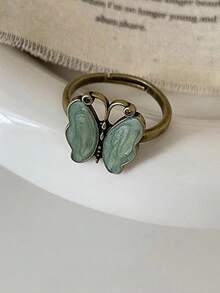 2 件复古简约绿色蝴蝶和花朵装饰可调节戒指，适合女性日常佩戴、照片、情人节礼物