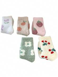 5 Paar Damen Kirsch Frucht Plüsch Socken, Winter warme Hausschuhe, bequeme Haussocken zum Schlafen