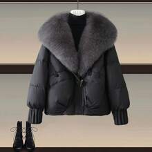 Women's Elegant Down Jacket Coat, Black Woven Fabric, Long Sleeve, Regular Hem, With Faux Fur Waterfall Collar And Pockets, Fur Collar Padded Coat, Winter - Black - View 1