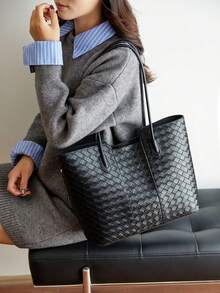 1 Solid-Color Woven Embossed Women's Shoulder Bag Premium-Feel Large Tote Bag, Lightweight Yet Spacious For Commuting. Multi-Compartment Design For Easy Organization. Suitable For Women, College Students, Office Professionals, And Career Women For Daily Commuting, Shopping, Outings, Gatherings, Work, And Leisure. - Black - View 5