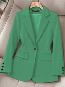 HOMEYEE Áo khoác nữ cổ ve dài tay có túi cổ điển thanh lịch thường ngày đi nghỉ chuyên nghiệp OL cỡ lớn, thích hợp cho mùa xuân, thu, đông - màu xanh lá - Xem 7