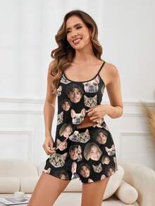 Printstory Customized Plus Size Women's Camisole Pajama Set, Can Print Any Pattern, Suitable As A Gift For Family And Friends And For Holiday Party Wear - Black - View 4