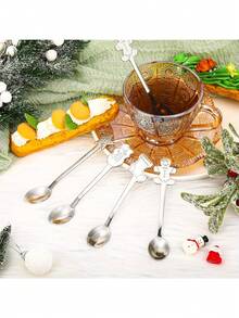4 Stücke Weihnachts-Löffel-Set - Edelstahl kreative Weihnachts-Rührlöffel, Kaffee-Löffel, Tee-Löffel, Suppen-Löffel, Dessert-Löffel, Edelstahl Kaffee-Löffel, Eislöffel, zum Umrühren von Getränken, Milchshakes, Marmeladen, 4 Stile (Silber)