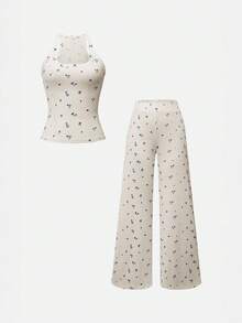 GAOVOT Women's Two Pieces Summer Home Leisure Sports Running Exercise Print Sleeveless Vest Top And Loose Wide Leg Straight Pant Suit