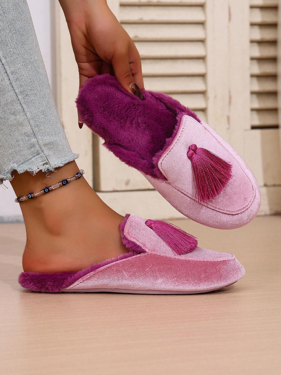 女士手工缝制流苏装饰奢华天鹅绒保暖卧室拖鞋，防滑 TPR 鞋底，包头优雅女士拖鞋，秋冬舒适鞋