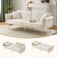 Sofa Bed With Bed Function, Adjustable Angle, Gold Feet, With Cushions And Side Storage Pockets - White - View 9