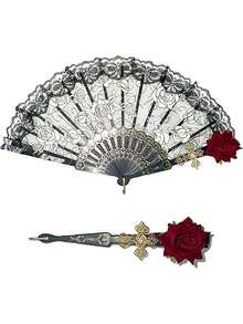 1pc Elegant Vintage Spanish Lace Fan Luxurious European Rose Folding Fan For Cosplay Performance Decoration Valentine's Day - Black - View 1