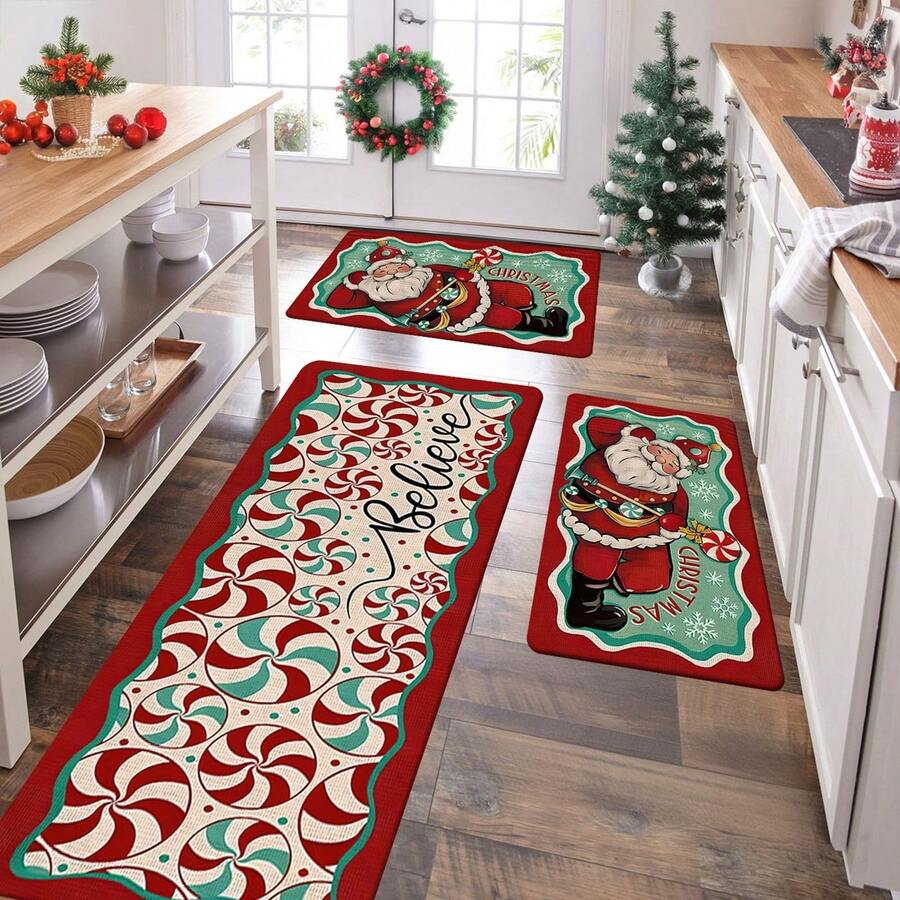 1/2/3 Pcs Thick 0.47 Inch/1.2 Cm Christmas Kitchen Mat Set, Christmas Kitchen Rug Set, Santa Lollipop Pattern, Christmas Kitchen Decor, Suitable For Kitchen, Home Office, Laundry Room, Bathroom, High Quality Flannel Material + Non-Slip Backing - Multicolor - View 1