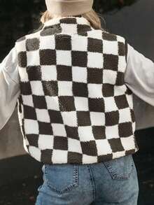 Ins Style Checkerboard Fleece Vest For Women, Cropped Sleeveless Jacket, Retro Square Grid Pattern Loose Waistcoat, Autumn/Winter Black - Black - View 3