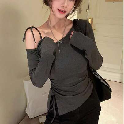 레이스업 숄더 컷아웃 긴소매 피티드 티셔츠, 비대칭 헴 섹시 풀오버