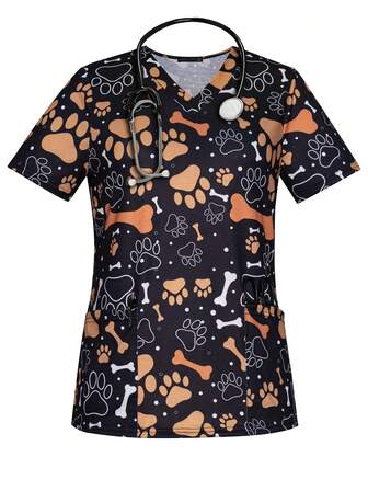 女式狗爪趣味印花春夏秋季V领短袖护士制服上衣，带口袋
