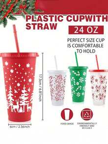 5-1 Pc 24 Oz Christmas Themed Straw Cup, Christmas Themed Water Bottle, Large Capacity Plastic Water Cup, Durable, Reusable With Straw And Lid, Festive Design, Suitable For Hot And Cold Drinks, Outdoor Activities, Parties And Holiday Decorations, Christmas Gifts, Suitable For Milk Tea, Coffee, Purified Water, Outdoor, Indoor, Christmas, New Year,Christmas Gifts, Cups