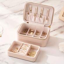 1pc Elegant Double-Layer Earring Organizer Box - Cream & Golden, Zippered, Fabric-Lined, Multi-Compartment Design For Jewelry Storage, Ideal For Valentine'S Day, Christmas, Halloween, Thanksgiving, And More, Jewelry Organizer|Elegant Accessory Box|Zippered Storage Box, Jewelry Boxes