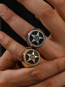 1pc Stainless Steel 18K Gold Plated Gothic Fashion Oval Cross Pattern Men's Rings Gift Jewelry