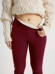 Autumn And Winter Plus Velvet Leggings For Women Solid Color Tights High Elastic Yoga Fitness Pants Outdoor Running Pants Warm Pants Daily Versatile - 紅色 - 查看 2