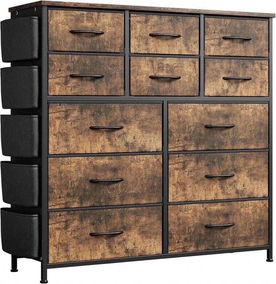 12 Drawer Dresser,Fabric Dresser For Bedroom,Tall Vertical Chests Of Drawer,Storage Drawer Organizer Unit With 5 Side Pockets & 2 Hooks,Metal Frame,Wooden Top For Clothes Living Room Hallway Entryway - Marrón - Ver 1