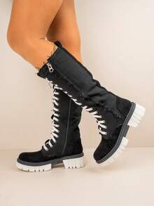 Winter Lace Up Knee High Boots With Chunky Outsole - Black - View 2