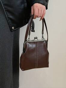 1个复古仿皮斜挎包，女士复古风吻锁迷你手提包，配有可调节肩带，纯色轻便都市手提包，涤纶衬里，男女通用 - 咖啡 - 查看 5