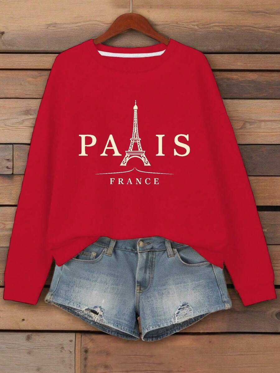 2025Women's Plus Size Paris Eiffel Tower Graphic Sweatshirt - Heather Gray Casual Long Sleeve Round Neck Pullover, Machine Washable Autumn Winter French-Inspired Top, Everyday Comfort Apparel |   Opaque MaterialSoft And Breathable - [紅色的] - 查看 1