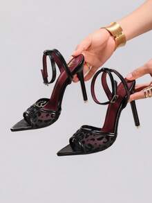 Giày sandal cao gót màu đen phối ren, kiểu dáng thanh lịch, gợi cảm, mũi nhọn, quai ngang mắt cá chân, hở mũi, thích hợp cho trang phục mùa xuân hè. - màu đen - Xem 7