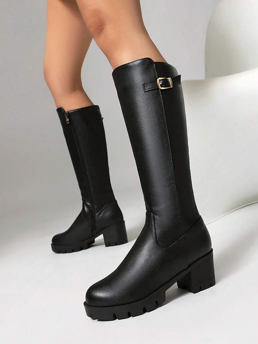 Women's Fashion Black PU Leather Boots, Solid Color Commuting Mid-Calf Boots, Casual Over-The-Knee Boots, Comfortable High-Shaft Boots, Retro Equestrian Boots, Platform Long Boots, Chunky Heel Leather Boots, Versatile Mid-Heel Women Boots, Belt Buckle Decor Boots, Easy To Wear Skinny Side Zipper Leather Boots, Western Style Buckle Long Boots, Block Heel Women Shoes - Black - View 1