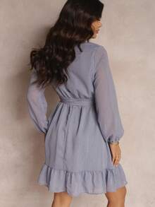 Women's Elegant Solid Color Overlap Collar Ruffle Hem Dress, Autumn - Navy Blue - View 3
