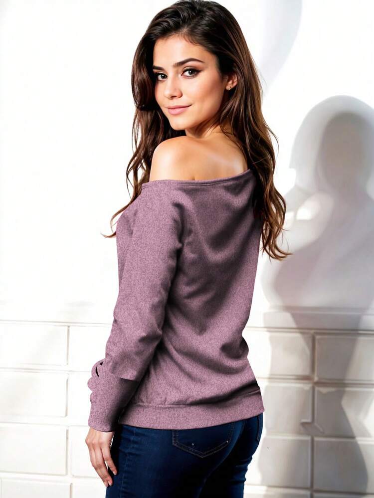 Suéter Casual Para Mujer Con Hombro Descubierto, Manga Larga y Bolsillo Frontal – Estilo Oversize, Beige Neutro - Palo de Rosa Jaspe - Añade 2