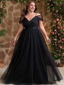 Đầm dạ hội maxi dự tiệc sang trọng, thanh lịch dành cho nữ cỡ lớn, phối sequin và các mảnh vải lưới, khóa kéo chéo, thích hợp cho khách mời đám cưới, mẹ cô dâu, tiệc tối trang trọng, mùa xuân hè thu đông, màu đen. - màu đen - Xem 1