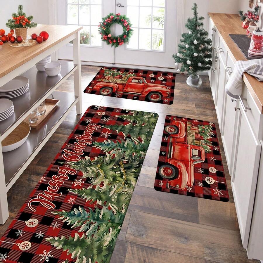 1/2/3 Pcs Thickened 0.47 Inch/1.2 Cm Christmas Doormat Set, Christmas Kitchen Mat With Christmas Tree And Red Christmas Truck Pattern, Absorbent Non-Slip Kitchen Floor Mat, Hallway Runner, Bedroom Bedside Rug, Home Decor, Christmas Decoration - Multicolor - View 1