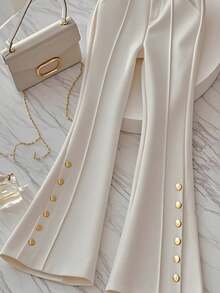 Quần ống loe cạp cao màu trơn mùa hè dành cho nữ, đa năng, phù hợp đi làm hàng ngày, giúp thon gọn vóc dáng, có khóa kéo và trang trí cúc vàng. Mùa xuân! - Màu be - Xem 4