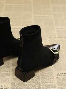 Women's Ankle Boots & Short Boots, Casual Fashion Pure Metal Buckle, Office & Home, New Pointed Toe Thick Heel Suede Patchwork Booties With Belt - Black - View 3