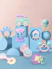 14件婴儿摇铃安抚玩具套装，含抓握、摇铃、牙胶感官玩具，易于抓握，适合新生儿，促进早期感官发育，带收纳盒，非常适合新生男婴女婴生日/节日礼物（包装盒、图案、配件、颜色随机）