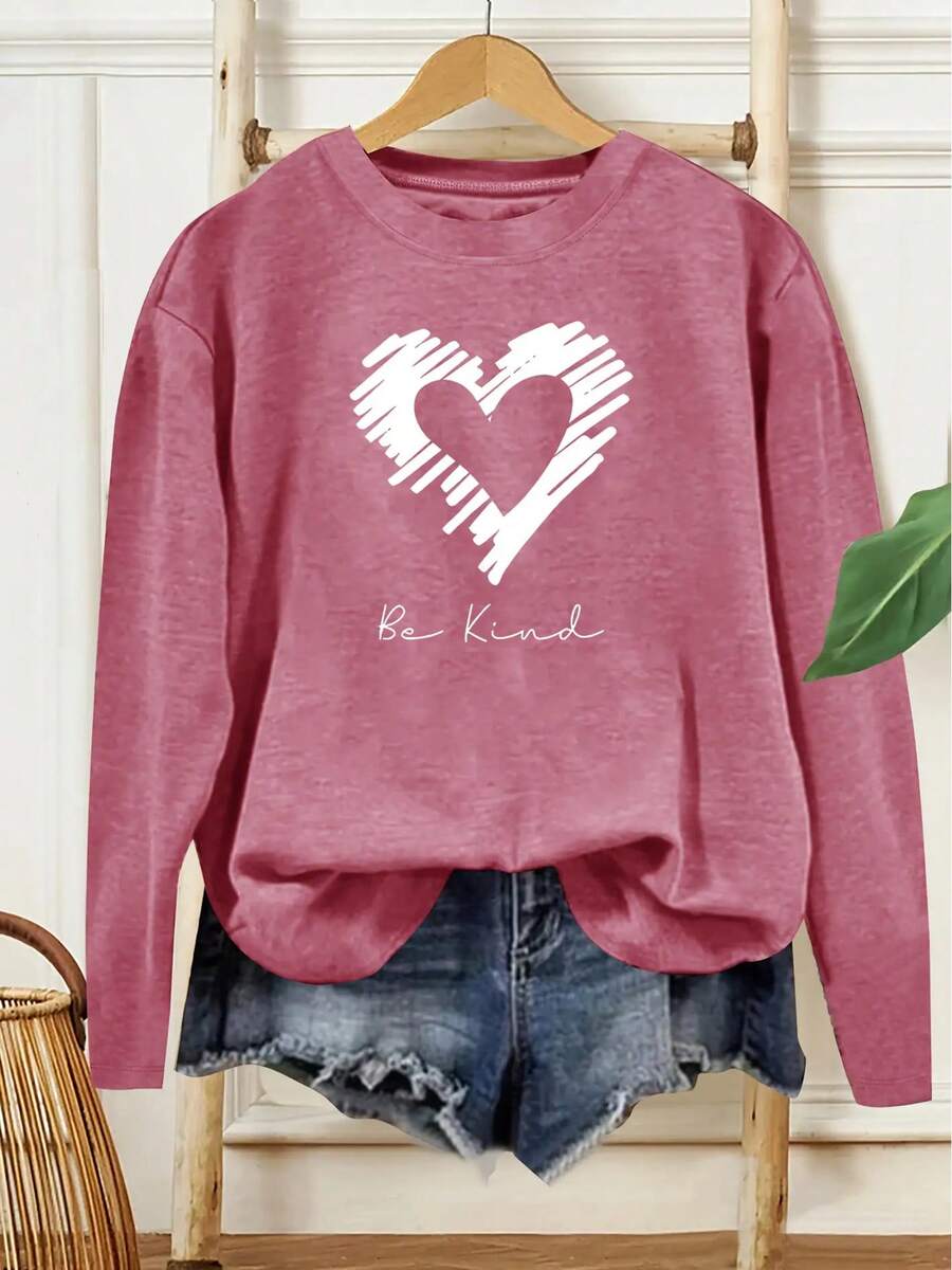 Women's Casual Long Sleeve Round Neck T-Shirt - "Be Kind Heart" Pattern Print, Bright Green, Medium Stretch Fabric, Machine Washable, All-Season Comfort, Non-Transparent Material Valentine Outfits For Women2025 - 磚紅色 - 查看 1
