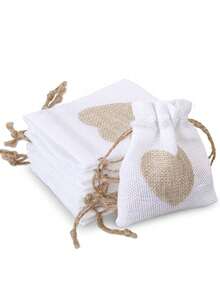 10 buc - Pungi de pânză de sac, pungă de cadou din in cu șnur și imprimeu cu inimă, mini pungă de cadou pentru bijuterii cu șnur, perfectă pentru nuntă, pungă de cadou pentru domnișoare de onoare, petrecere, ziua de naștere, Halloween, Ziua Recunoștinței, cadouri pentru petreceri de Crăciun