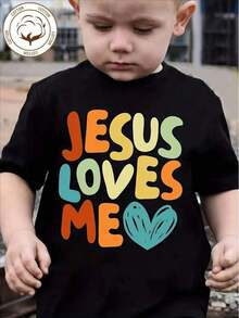 Short Sleeved Boy Jesus Loves Me Letter Print Soft And Fashionable Round Neck T-Shirt - Black - View 1