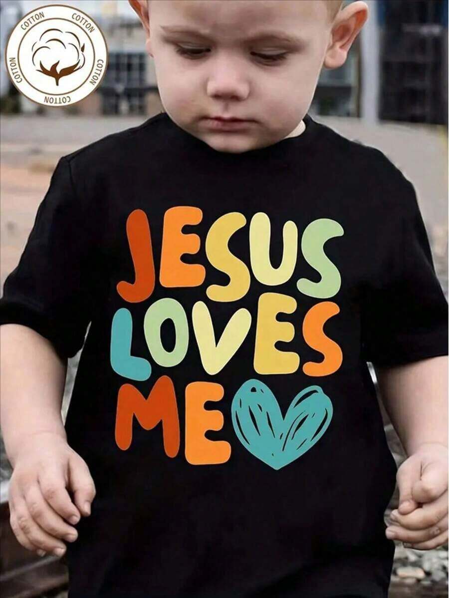 Short Sleeved Boy Jesus Loves Me Letter Print Soft And Fashionable Round Neck T-Shirt - Black - View 1