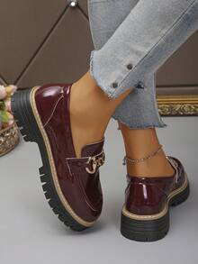 女士厚底坡跟一脚蹬鞋，优雅学院风纯金属装饰，女士乐福鞋 - 酒紅色 - 查看 2