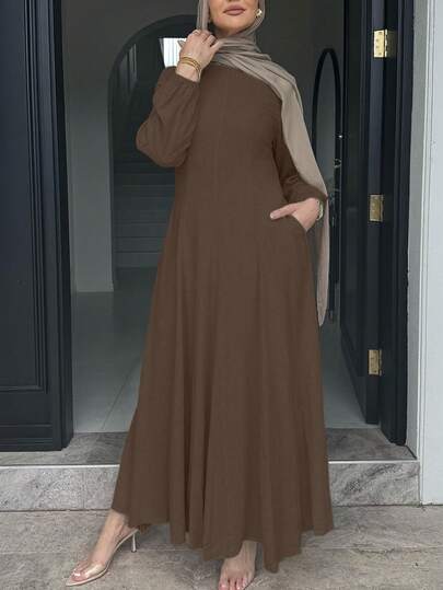 Casual Commute Solid Color Waist-Cinching Long Dress Elegant