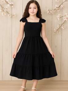 Vestido Infantil e Juvenil Longo 3 Marias Liso Moda Evangélica Para Festas Elegantes Mocinhas Moças Tecido Duna Babado (Vinf434) - Preto - Visão 1